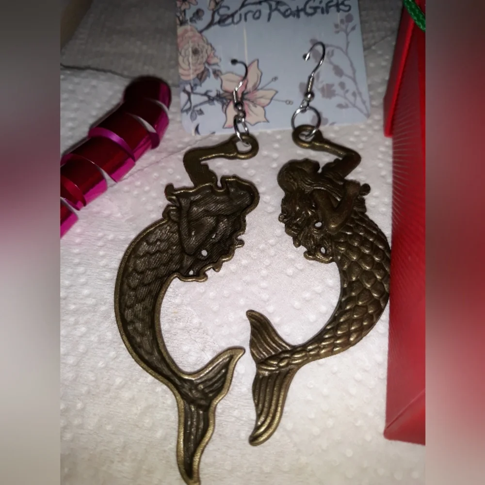 Gold Mermaid Dangle Earrings Hand Crafted NEW